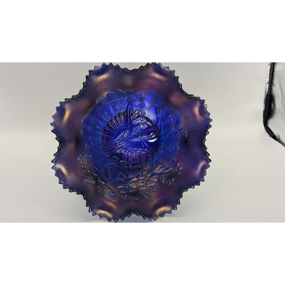 Vintage Northwood Peacocks on Fence Electric Blue Bowl Ruffle Sawtooth - Picture 12 of 16